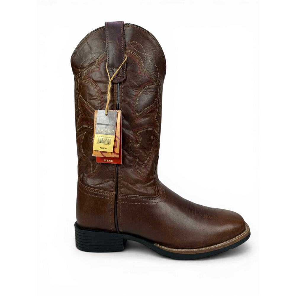 Roper Monterey Western Cowboy Boots Mens 7 D Brown‎ Leather Square Toe Pull On